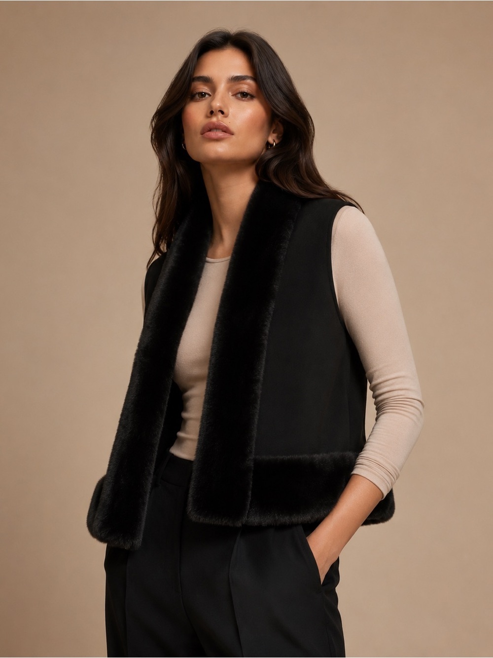 Martha Stewart Black Faux-Fur Trim Vest